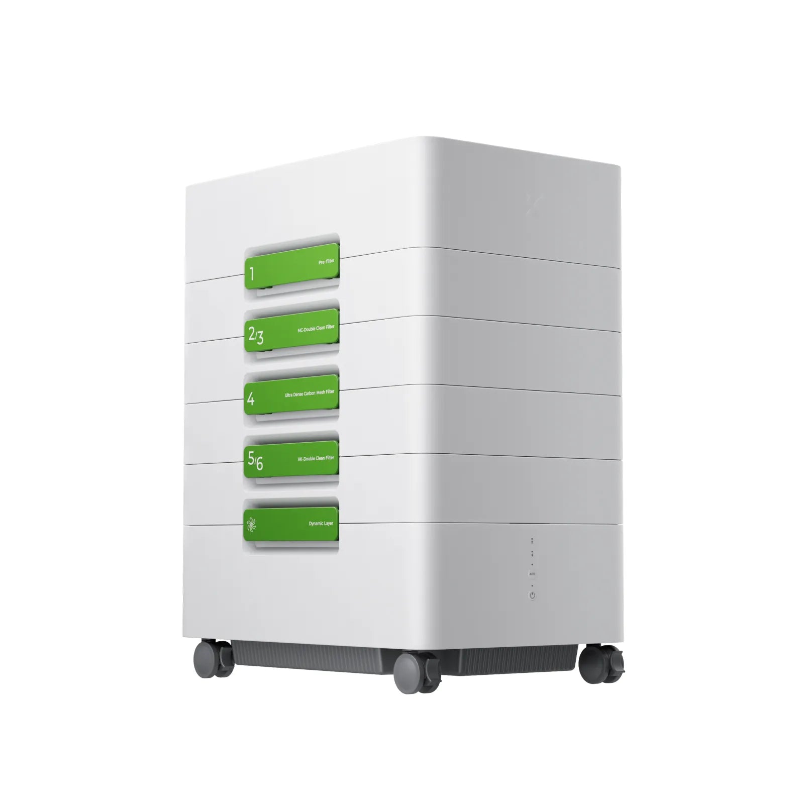 White storage unit with green labels on a white background
