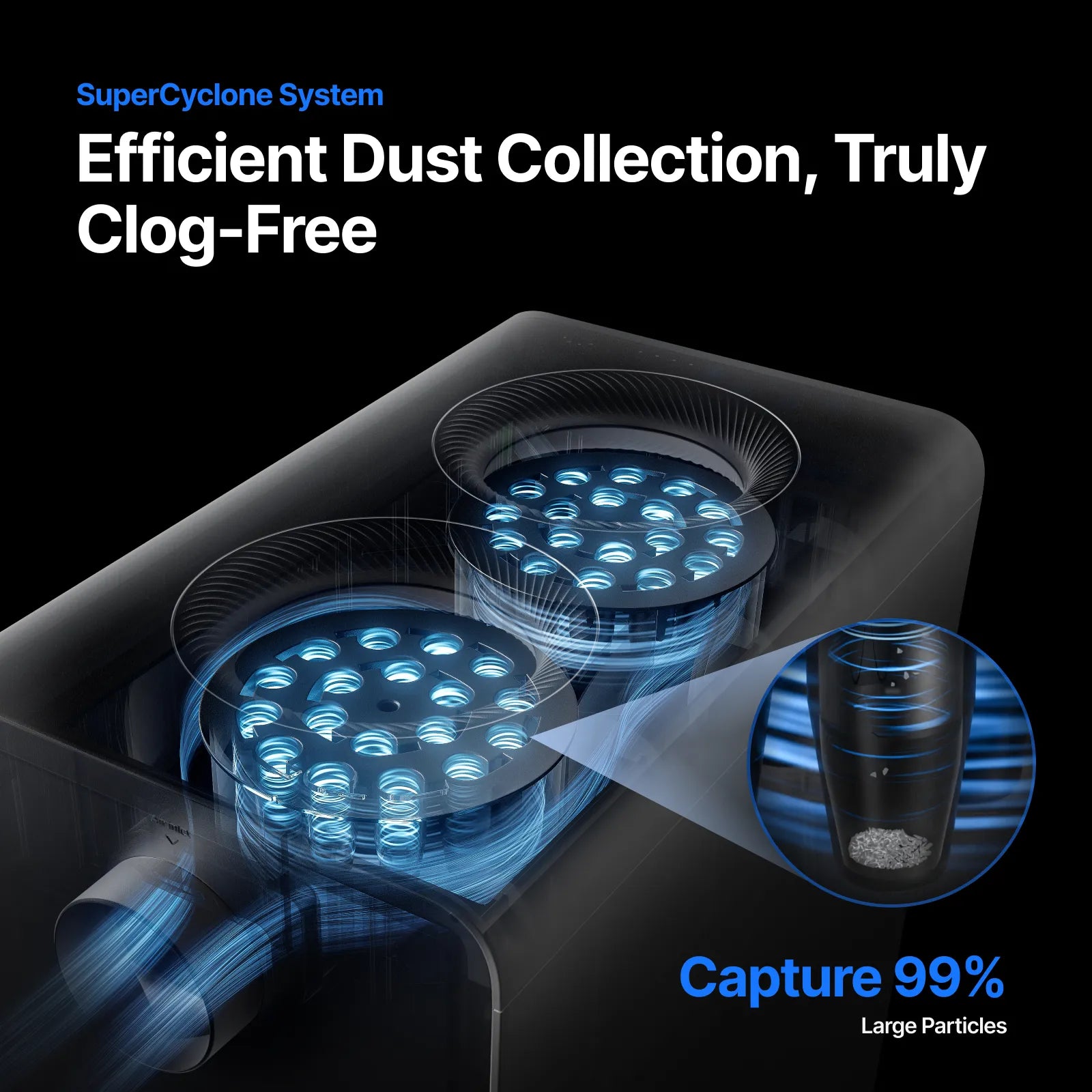 SuperCyclone System for efficient dust collection with blue lighting on a black background.