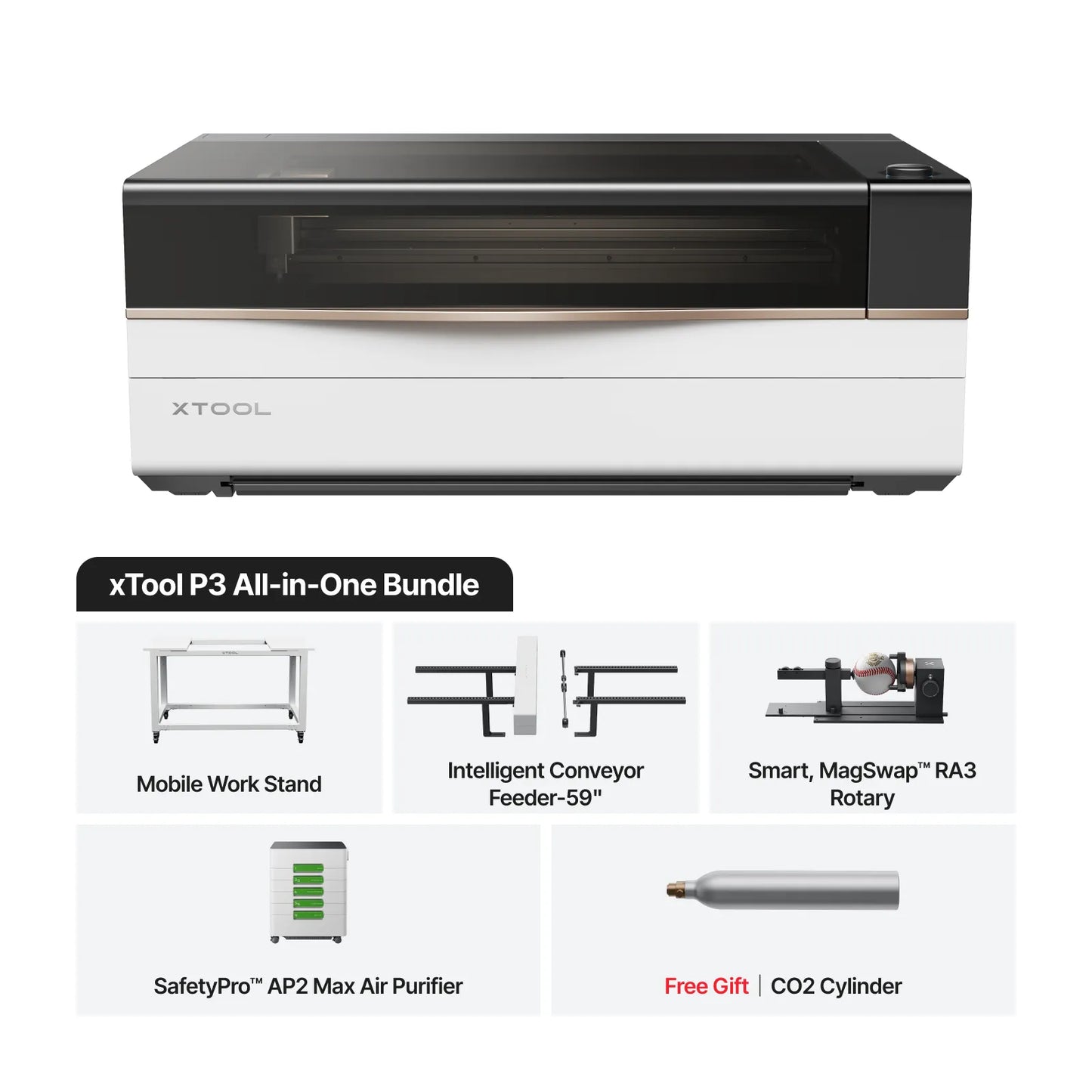 xTool P3 All-in-One Bundle with components listed on a white background