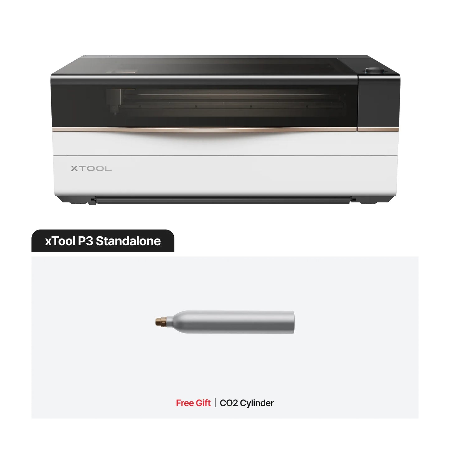 xTool P3 standalone machine with a CO2 cylinder on a white background