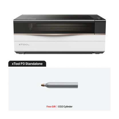 xTool P3 standalone machine with a CO2 cylinder on a white background