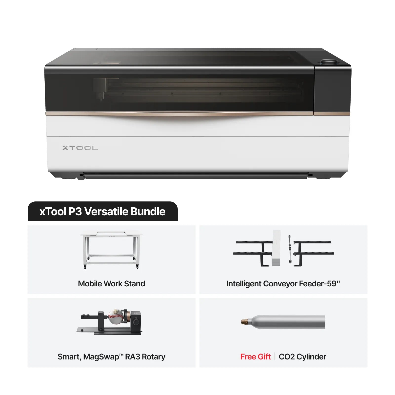 xTool P3 Versatile Bundle with components on a white background
