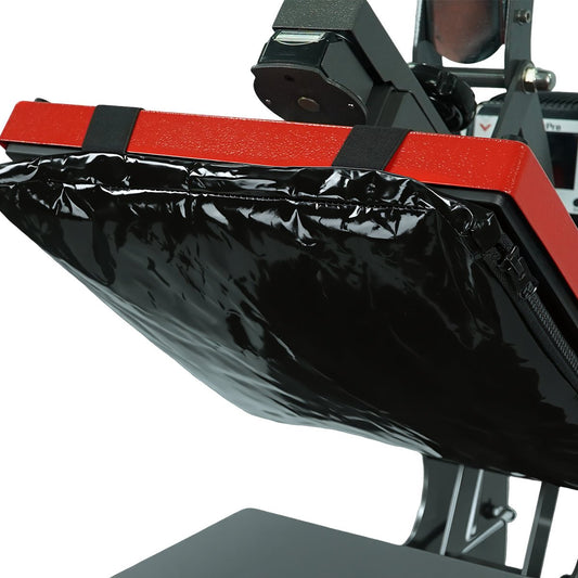 Close-up of a red and black snowmobile with a black plastic cover on a white background