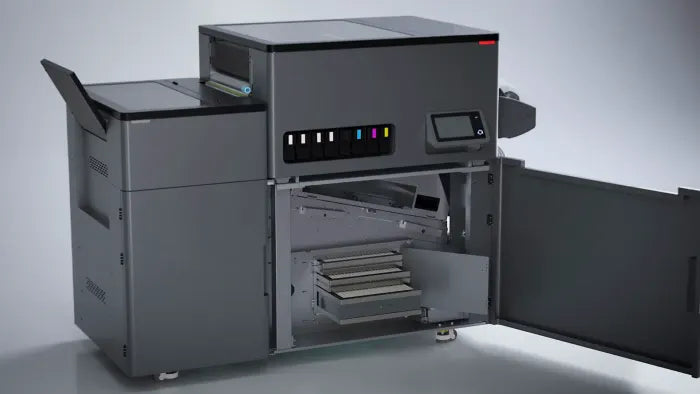 Vega S17 DTF production system in dark gray with open lower access door showing three-stage air filtration compartment