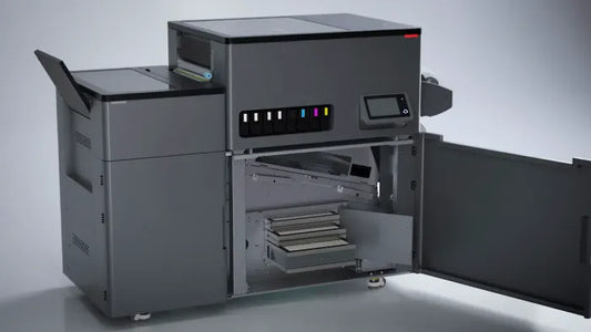 Vega S17 DTF production system in dark gray with open lower access door showing three-stage air filtration compartment