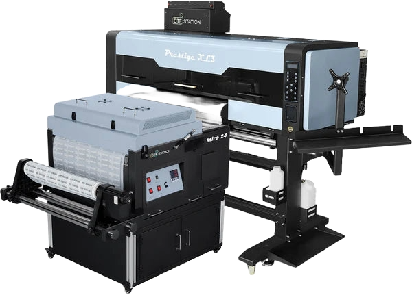 A large industrial flatbed UV printer system with a light blue and black Prinetti X13 headstock mounted above a black frame, alongside a separate black and gray ink supply cart on a white background.