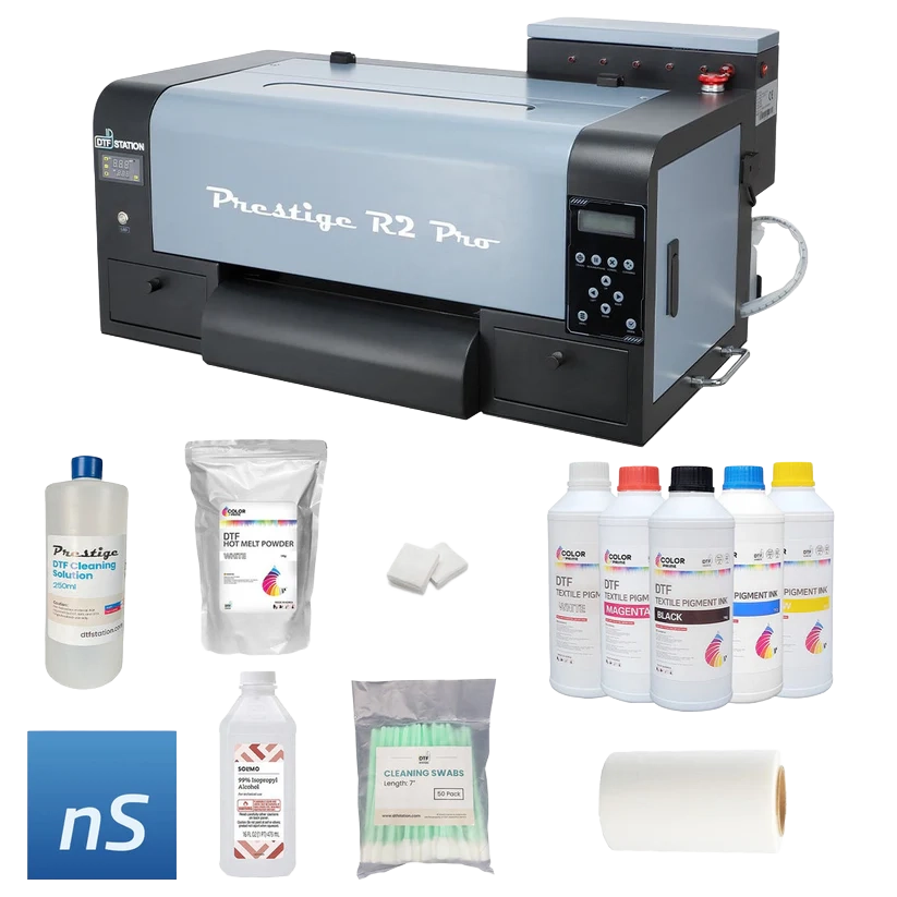 Prestige R2 Pro industrial label printer kit with accessories including cleaning swabs, cleaning solution, powder, and ink bottles on a white background.