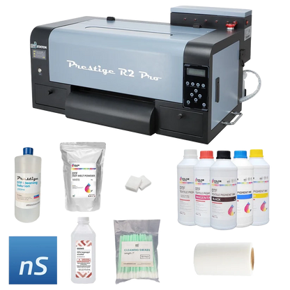 Prestige R2 Pro industrial label printer kit with accessories including cleaning swabs, cleaning solution, powder, and ink bottles on a white background.