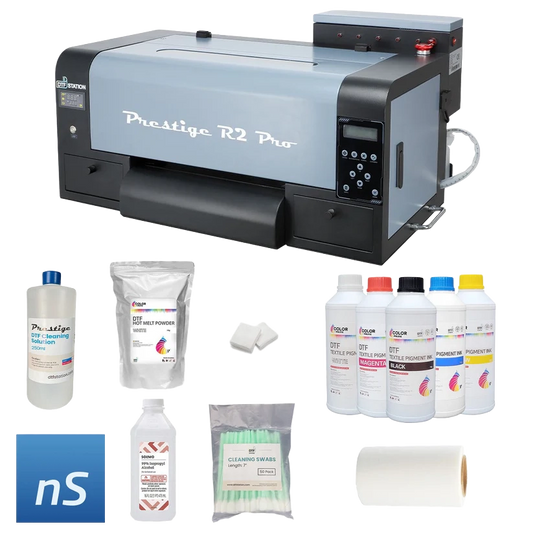 Prestige R2 Pro industrial label printer kit with accessories including cleaning swabs, cleaning solution, powder, and ink bottles on a white background.
