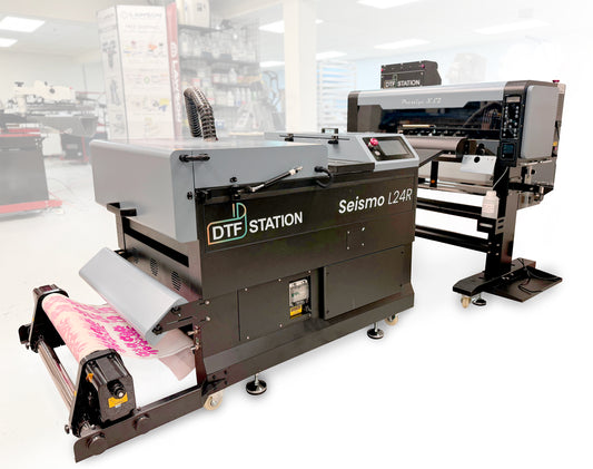 Prestige XL2 24-inch High-Speed DTF Printer paired with the Seismo L24R Automatic Powder Applicator and Dryer for high-volume transfer production.