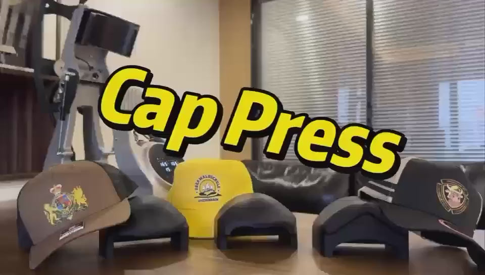 Video thumbnail showing custom hat decoration using a dual-heated cap press.