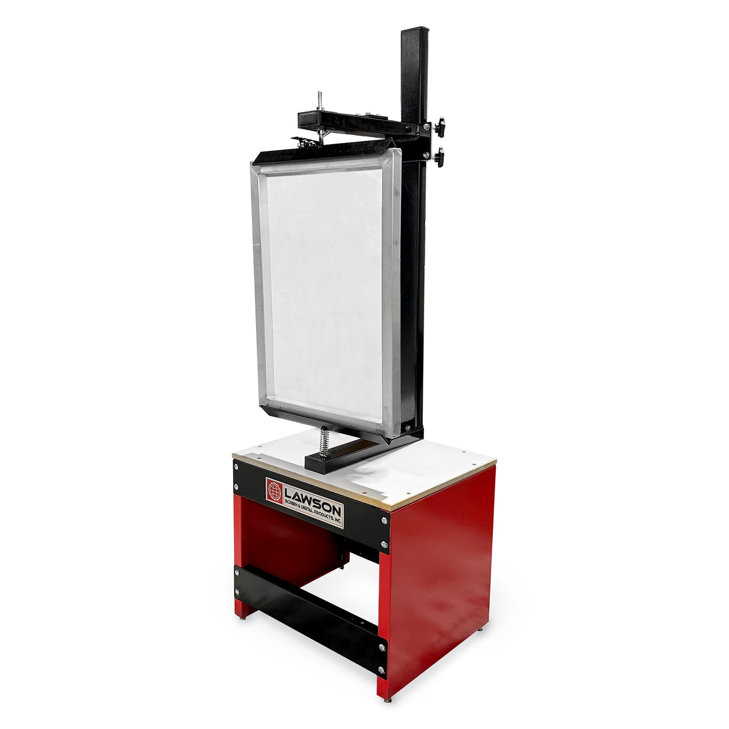 Laser engraving machine with a red base and black frame on a white background