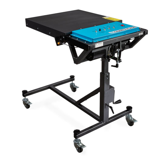 Black hydraulic lift table with a blue platform on a white background