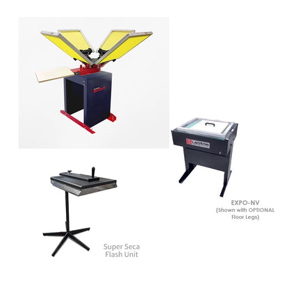 A composite product image showing a screen printing press setup: a navy and red screen printing machine with yellow printing plates, a black stand, and a gray EXPO-NV floor stand, with text labels on a white background.