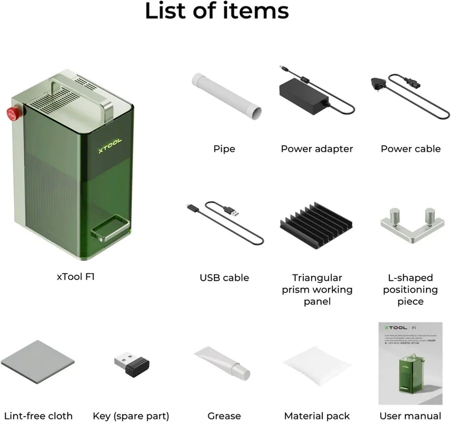 A diagram titled "List of items" showing the xTool F1 Mint Green engraver and included accessories: pipe, power adapter, cables, triangular prism panel, positioning piece, lint-free cloth, grease, and user manual.