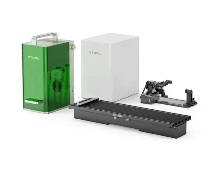 xTool F1 Mint Green laser engraver Deluxe Bundle including the Desktop Smoke Purifier, Slide Extension, and RA2 Pro Rotary Attachment.