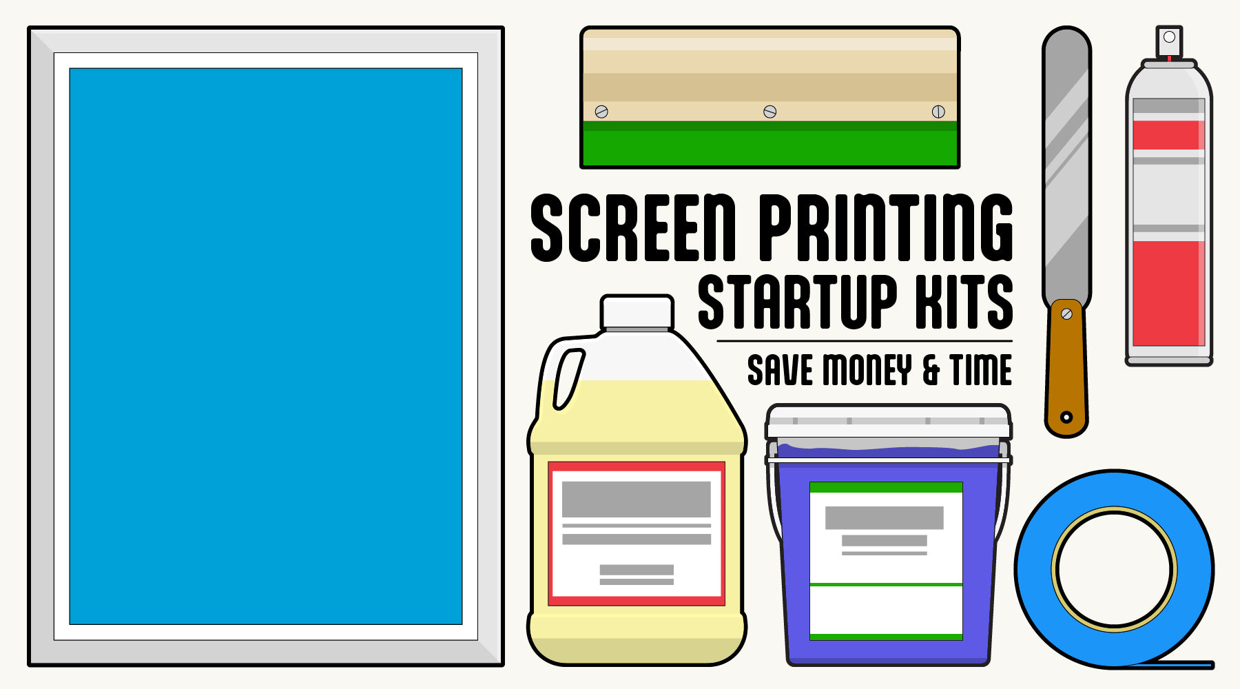 Illustration of screen printing supplies with text 'Screen Printing Startup Hits' on a white background.
