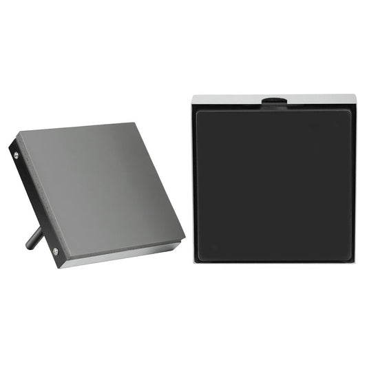 Two square metal grates, one gray and one black, on a white background.