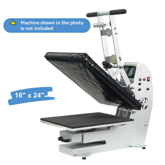White screen printing machine with black platen on a white background, featuring text about size and exclusion of machine.