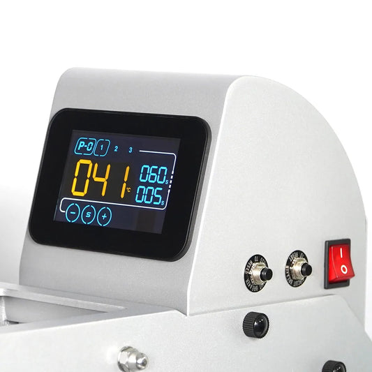White electronic device with digital display and control buttons on a white background