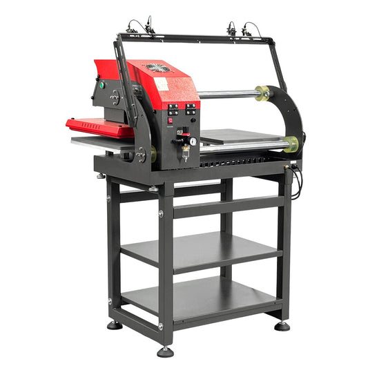 Industrial machine with red and black components on a white background