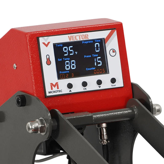 Red machine with digital display showing 'Vector' and 'Microtec' branding on a white background.