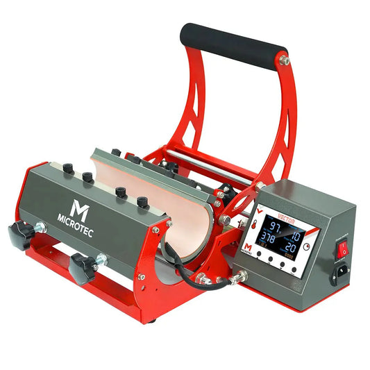 Red and gray heat press machine with digital display on a white background