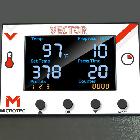 Digital control panel with 'VECTOR' and 'MICROTEC' branding, displaying temperature and time settings.