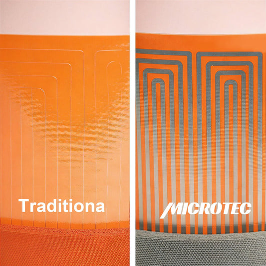 Comparison of 'Traditiona' and 'MICROTEC' heating elements on an orange background.