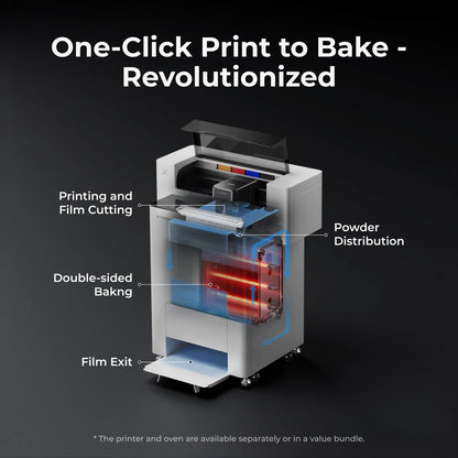 Diagram of the xTool DTF Apparel Printer showing the "One-Click Print to Bake" workflow, including stages for Printing and Film Cutting, Powder Distribution, Double-sided Baking, and the final Film Exit.