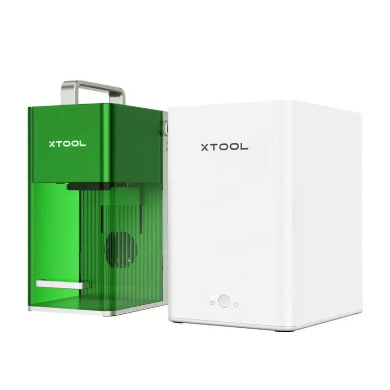 The xTool F1 dual laser engraver in Mint Green shown next to the xTool Desktop Smoke Purifier on a white background.