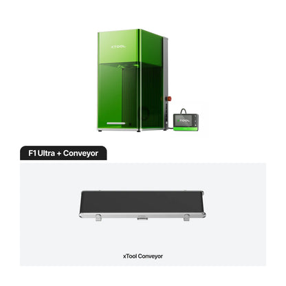 Green machine labeled 'F1 Ultra' with a black conveyor belt on a white background