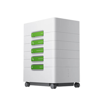 White storage unit with green labels on a white background