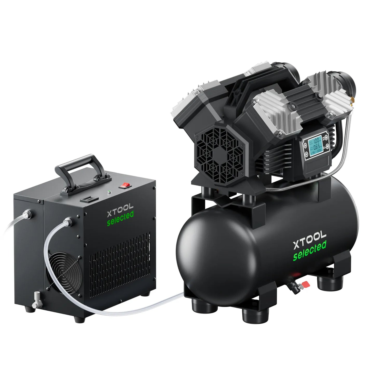 Industrial xTool Selected air compressor and air dryer system in black with digital display and HyperPure filtration components.