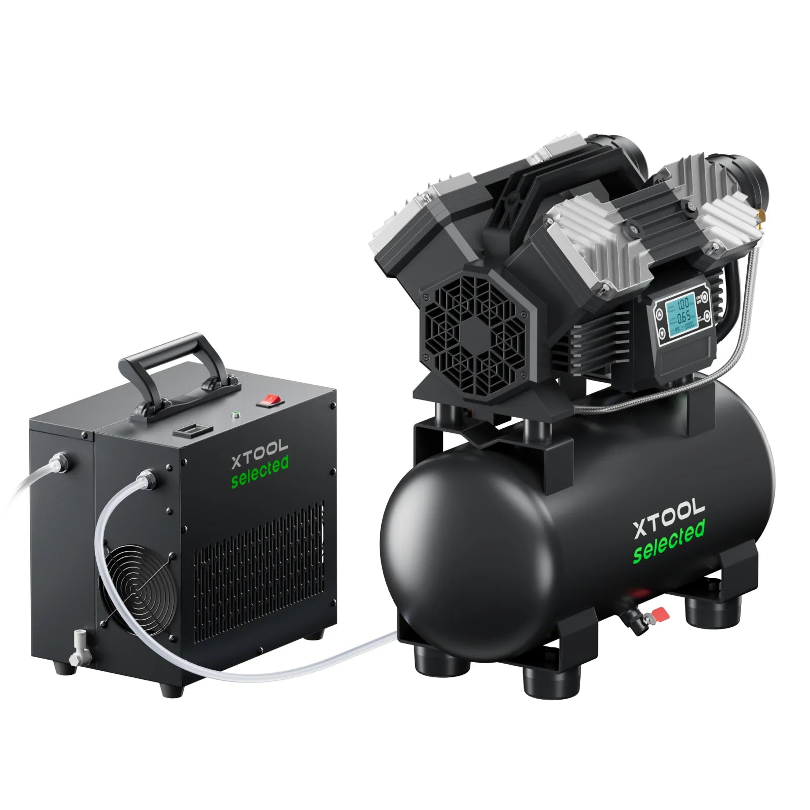 Industrial xTool Selected air compressor and air dryer system in black with digital display and HyperPure filtration components.