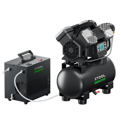 Industrial xTool Selected air compressor and air dryer system in black with digital display and HyperPure filtration components.