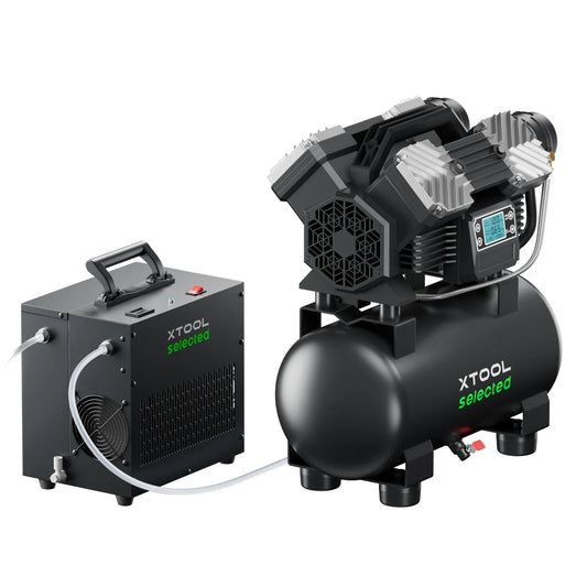 Industrial xTool Selected air compressor and air dryer system in black with digital display and HyperPure filtration components.
