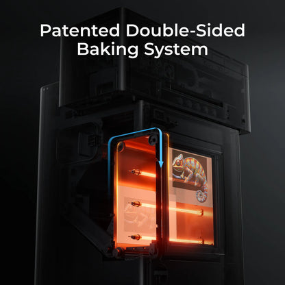 Close-up diagram of the xTool OS1 Shaker Oven highlighting the "Patented Double-Sided Baking System" with orange heating elements curing a DTF film transfer featuring a colorful chameleon design.