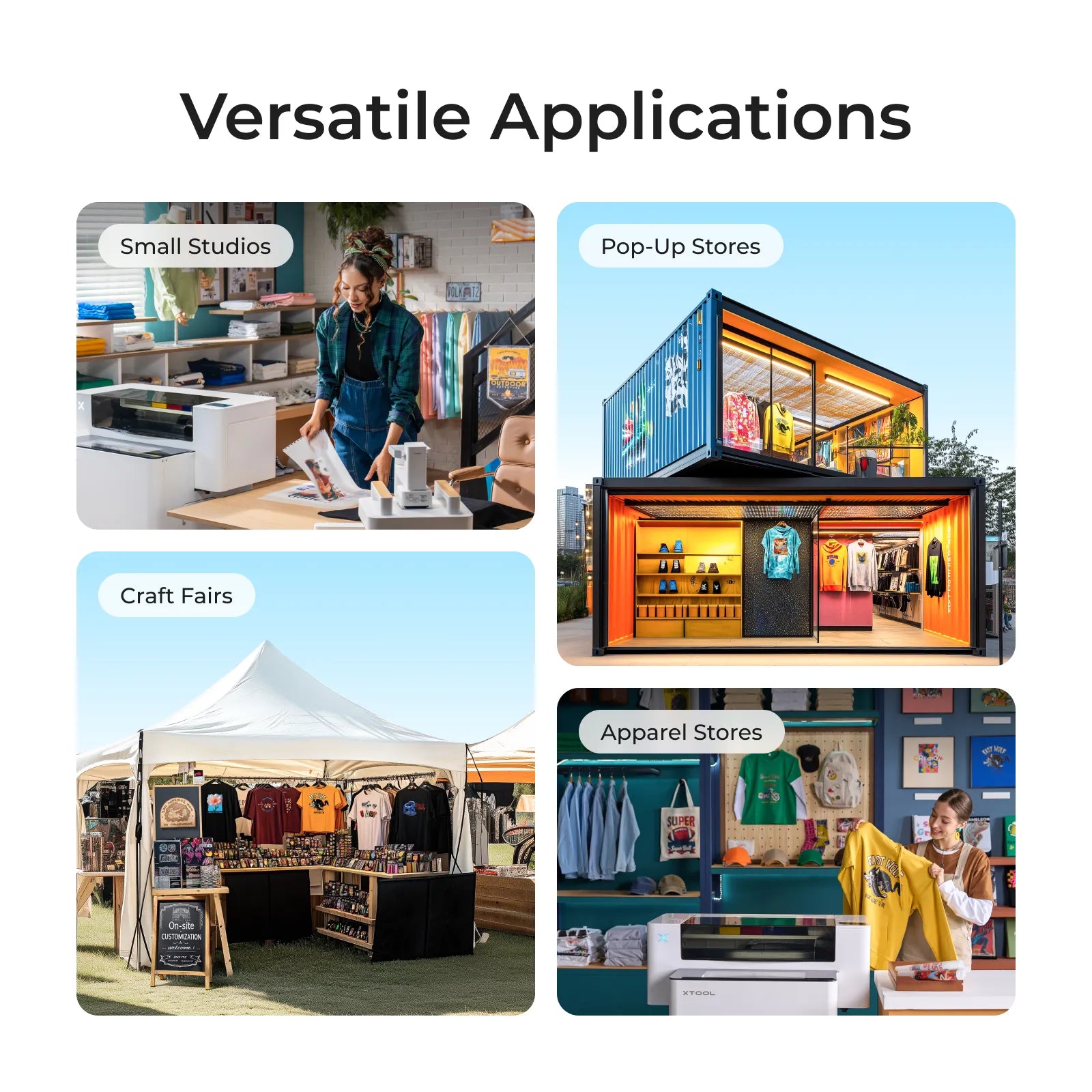 Collage of various applications for a portable studio, including small studios, pop-up stores, craft fairs, and apparel stores.