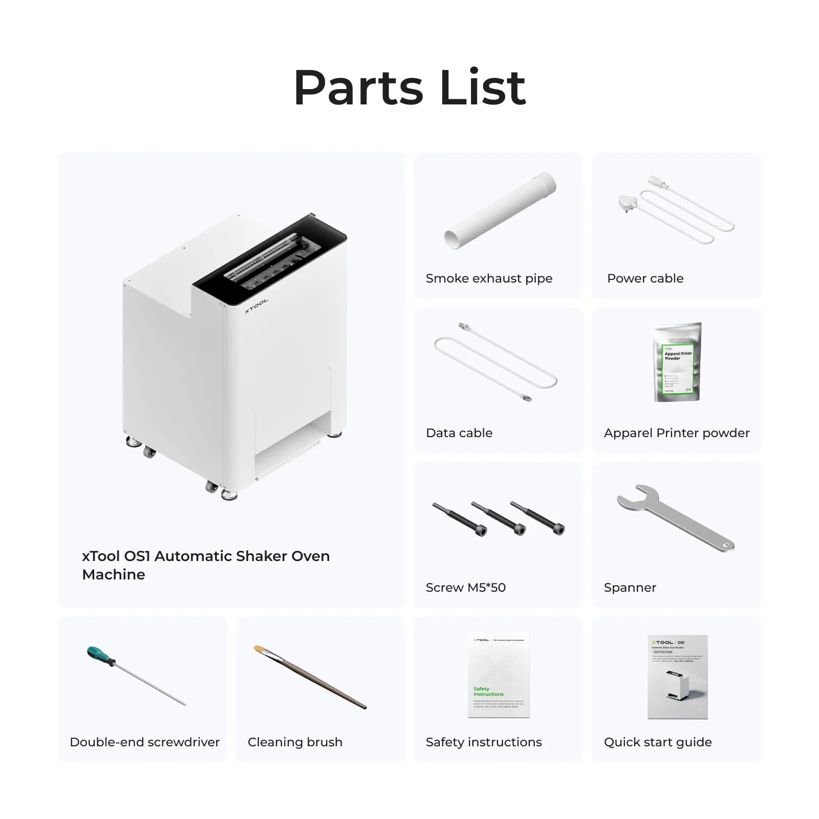 Parts list of an xTool OSI Automatic Shaker Oven Machine on a white background