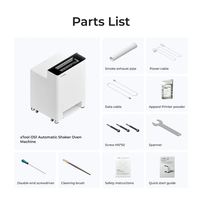 Parts list of an xTool OSI Automatic Shaker Oven Machine on a white background