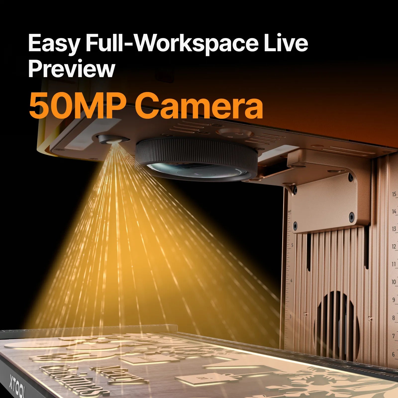 Camera system with 50MP camera and 'Easy Full-Workspace Live Preview' text on a black background.