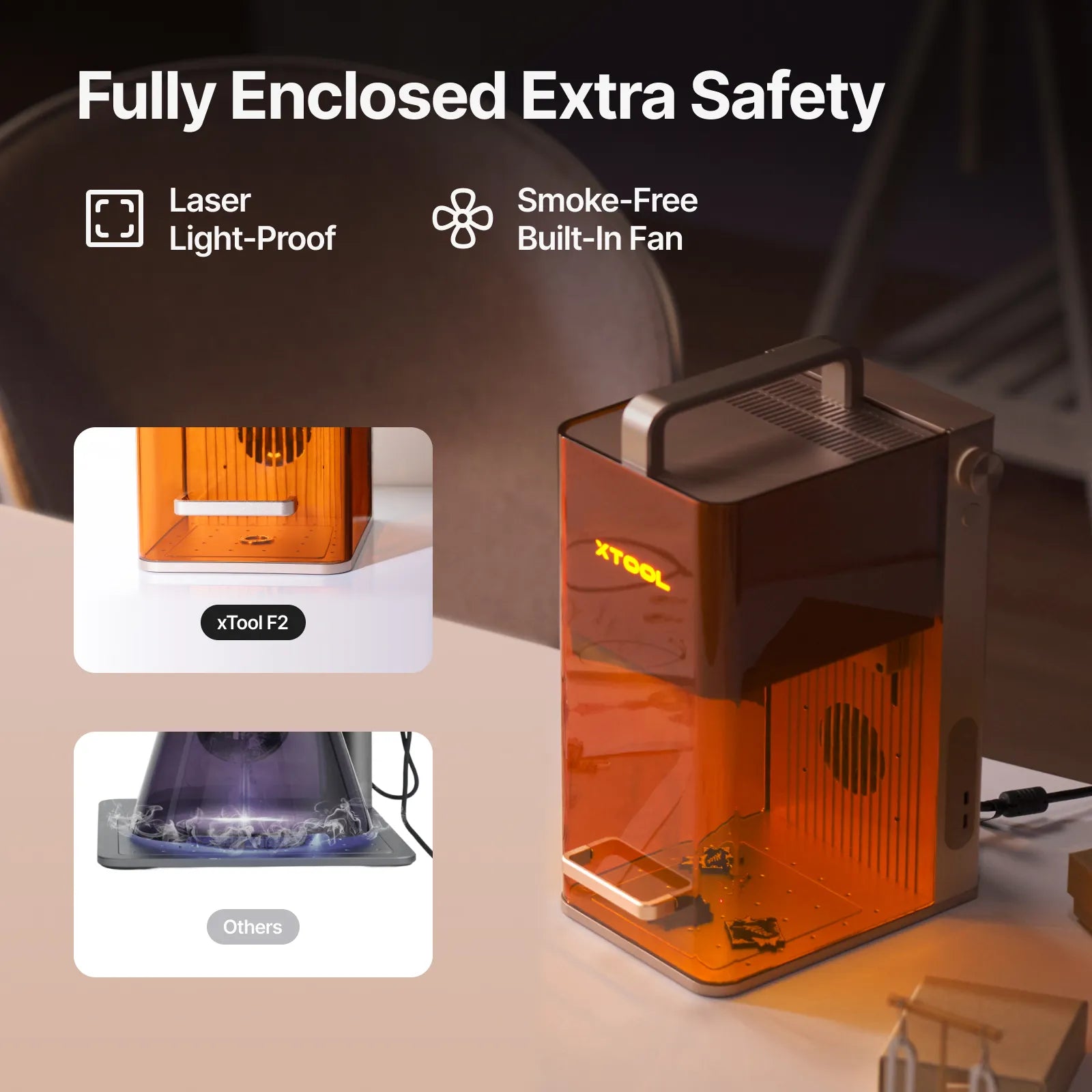 xtool F2 laser machine with safety features on a table