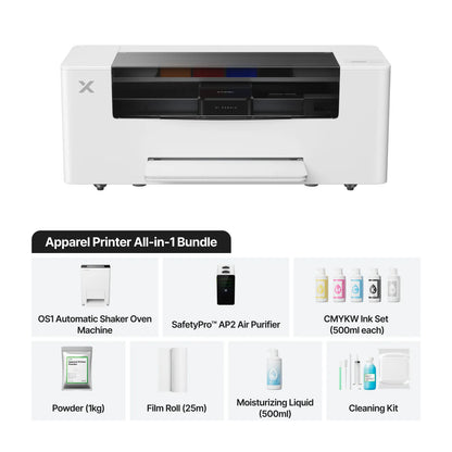 Apparel printer all-in-one bundle with components listed on a white background