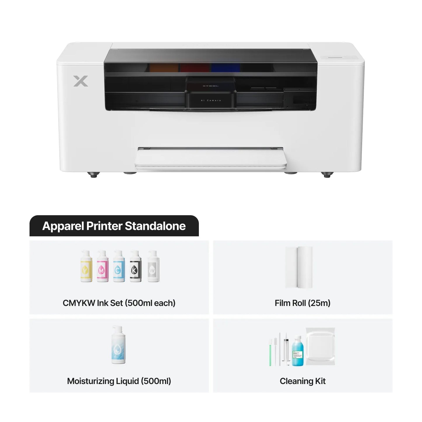 White apparel printer with accessories on a white background