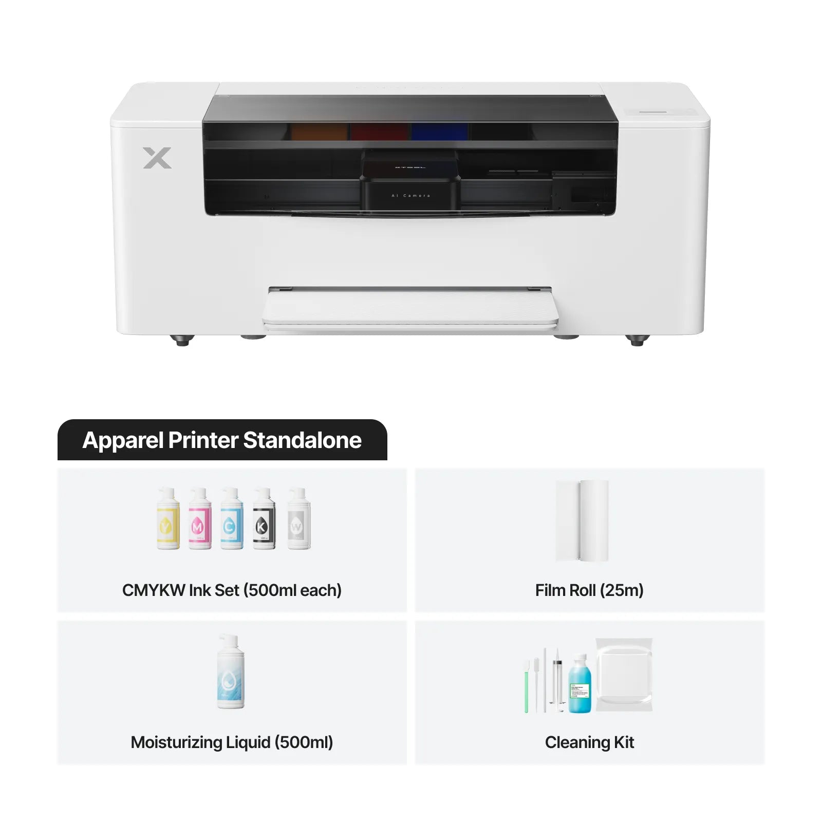 White apparel printer with accessories on a white background