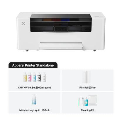 White apparel printer with accessories on a white background