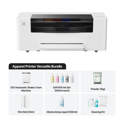 xTool DTF Apparel Printer Versatile Bundle showing the white printer unit alongside included accessories: OS1 Automatic Shaker Oven Machine, 500ml CMYKW ink set, 1kg powder, 25m film roll, moisturizing liquid, and cleaning kit.