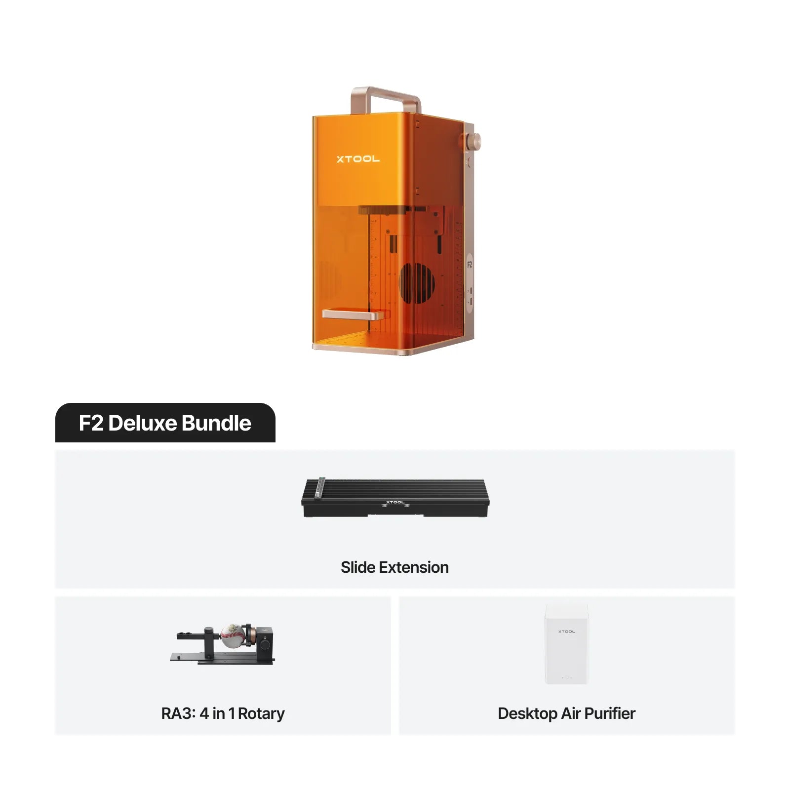 F2 Deluxe Bundle with slide extension, RA3 rotary tool, and desktop air purifier on a white background