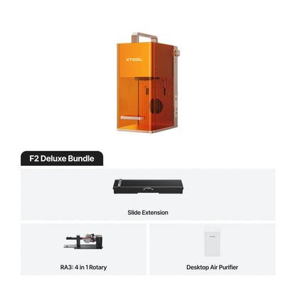 F2 Deluxe Bundle with slide extension, RA3 rotary tool, and desktop air purifier on a white background
